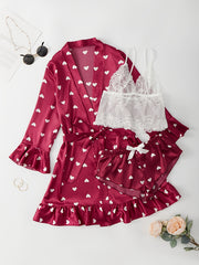 4 Pcs Heart Print Nightgown Pajamas Ruffled Long Sleeve Set