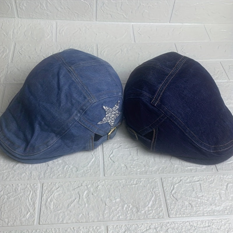 Denim Rhinestones Five star Beret for Men and Women