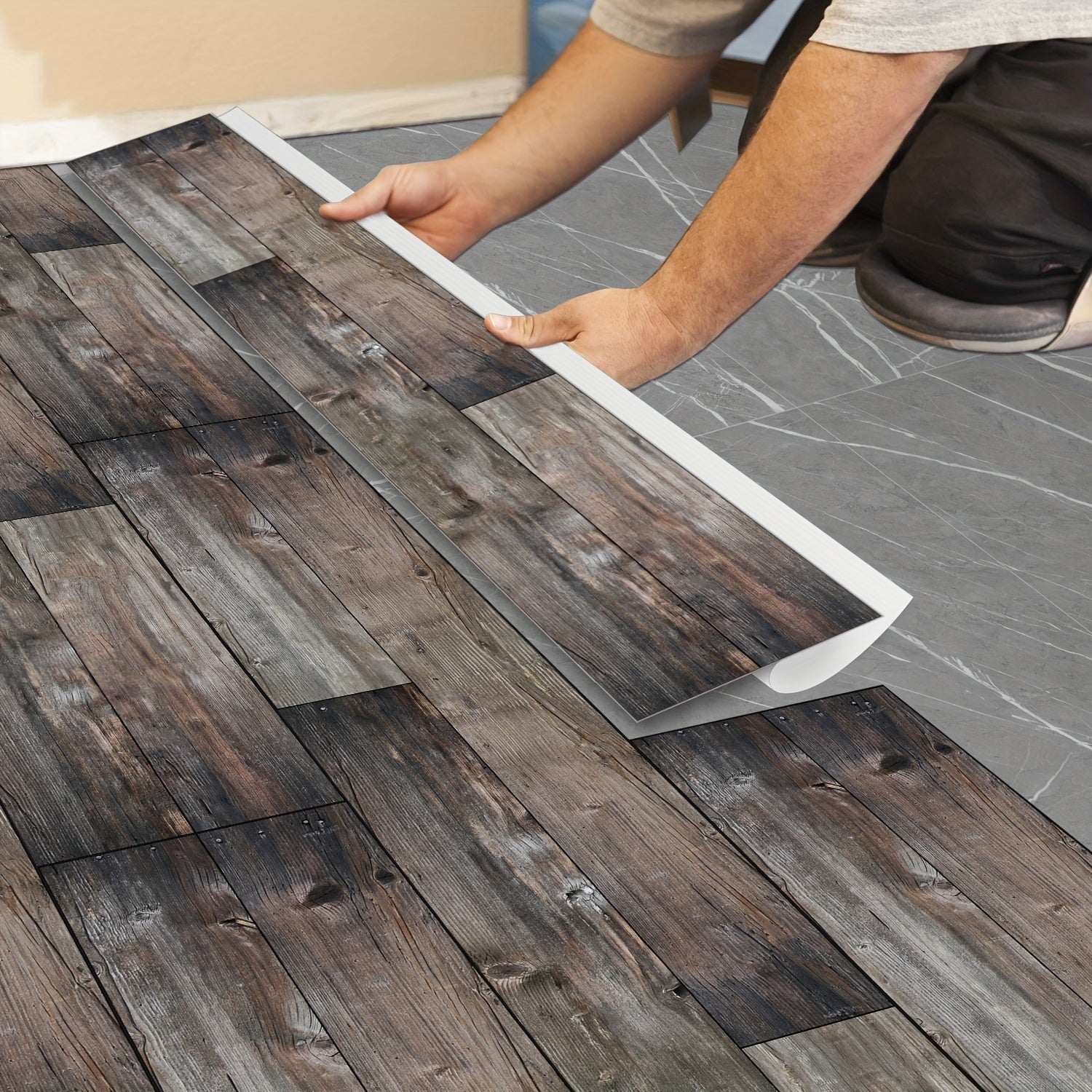10pcs Grey Wood Peel and Stick Floor Tile - Waterproof - Easy Install - 6 x 35