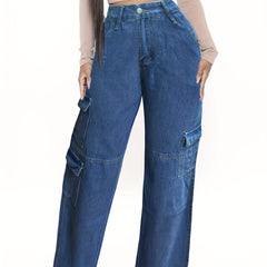 High Rise Cargo Jeans Zipper Button Closure Casual Denim Pants