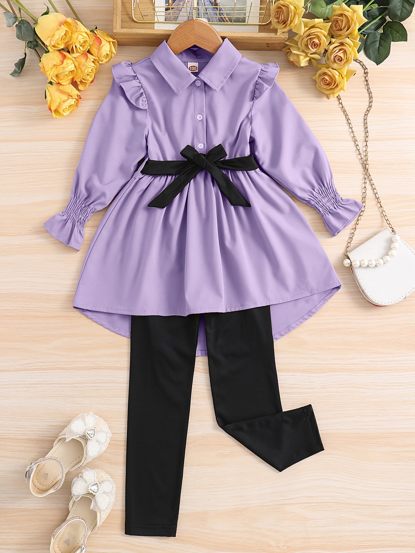 Girl's Lapel Top & Trousers Set With Belt