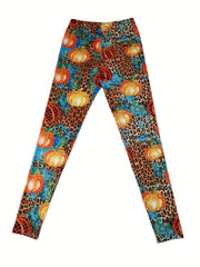 Pumpkin & Leopard Print Skinny Leggings Women's Clothing