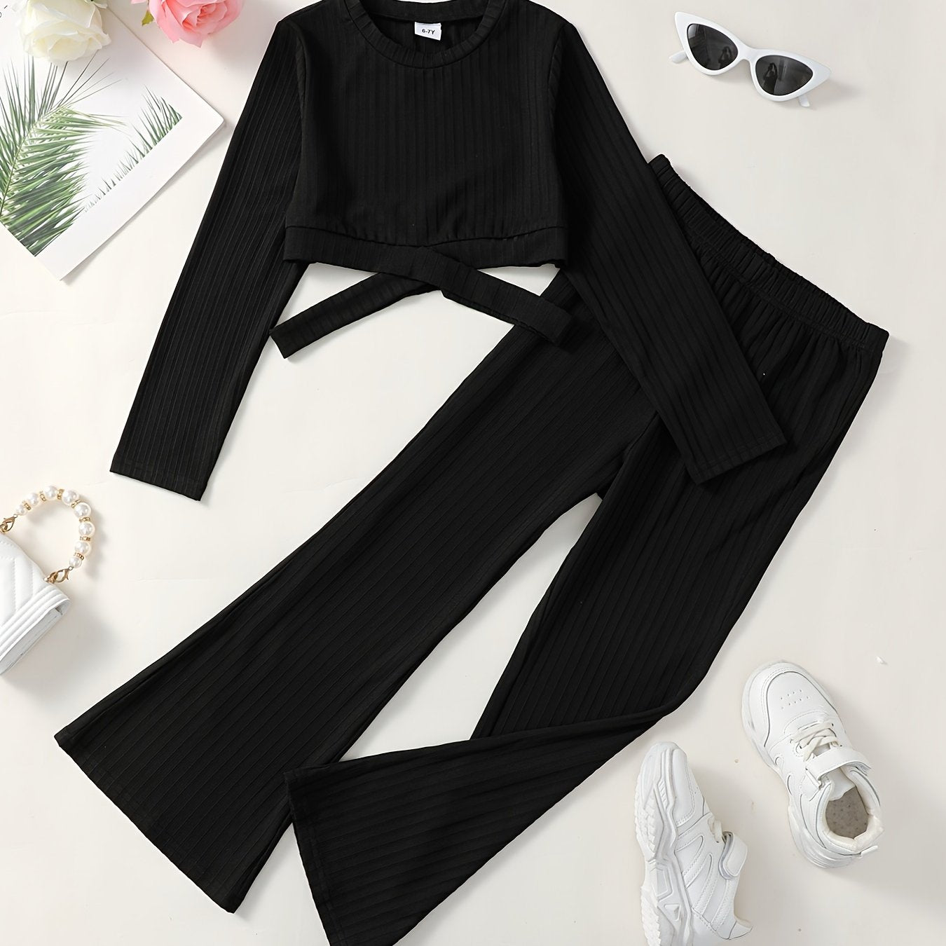 Girls Ribbed Cut Out Top & Flared Pants Set