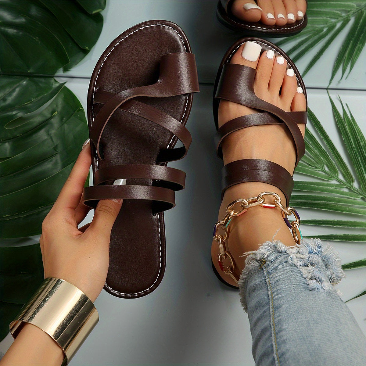 Women's Cross Straps Flat Sandals Slip On Open Toe Non Slip Slides Shoes
