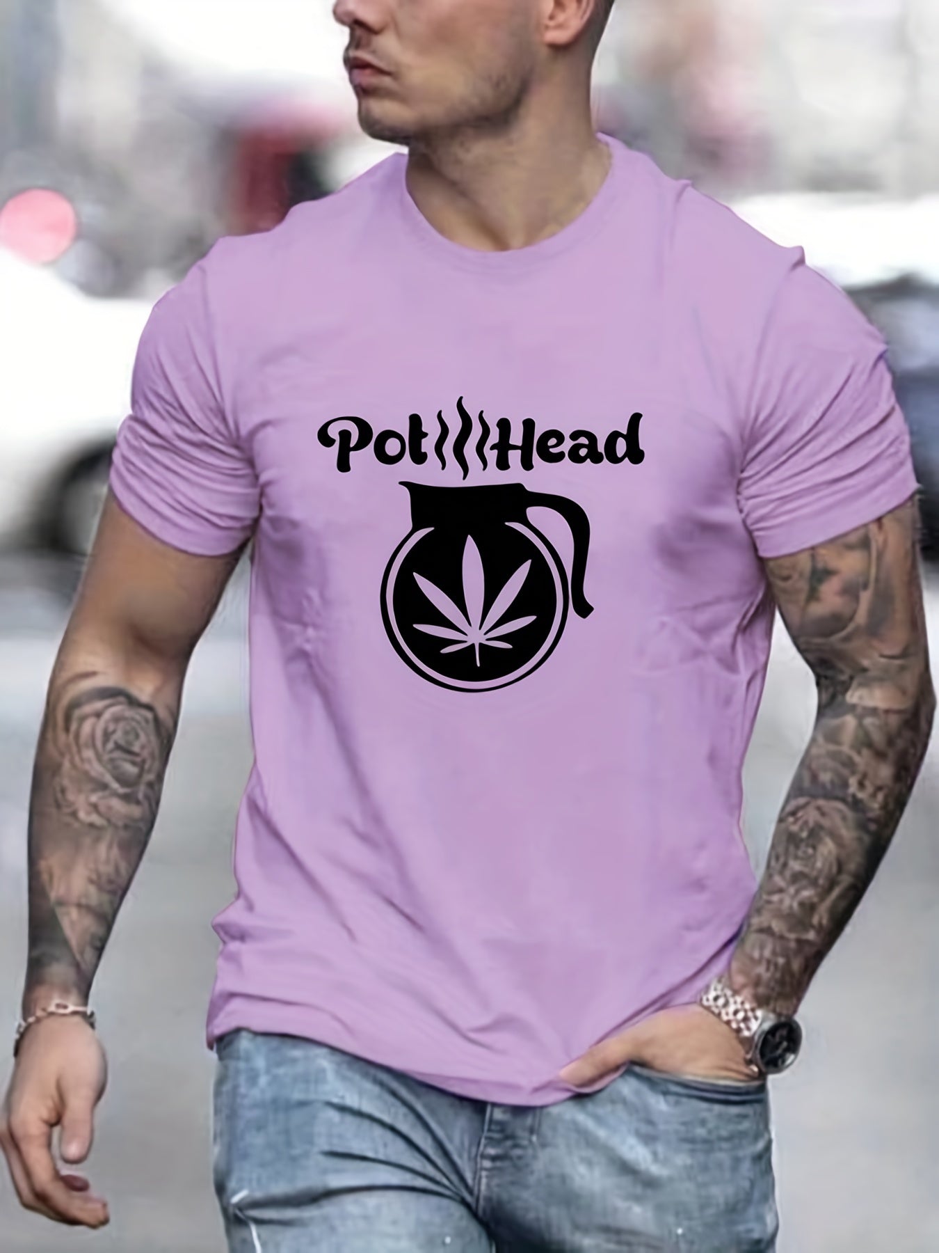Men's Pot Head Print T shirt Casual Slightly Stretch Tee
