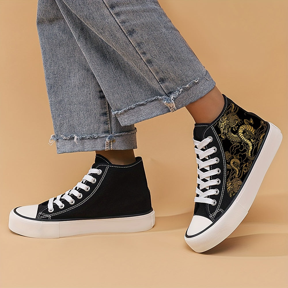 Girl's High Top Golden Pattern Skate Shoes Comfy Non Slip Lace Up Sneakers