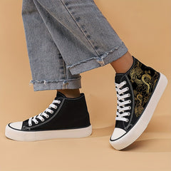 Girl's High Top Golden Pattern Skate Shoes Comfy Non Slip Lace Up Sneakers