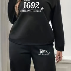 Plus Size Women's Slogan Print Fleece Top & Pants Set