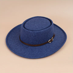 Buckle Flat Top Hat Wide Brim Sunshade Woolen Jazz Hat