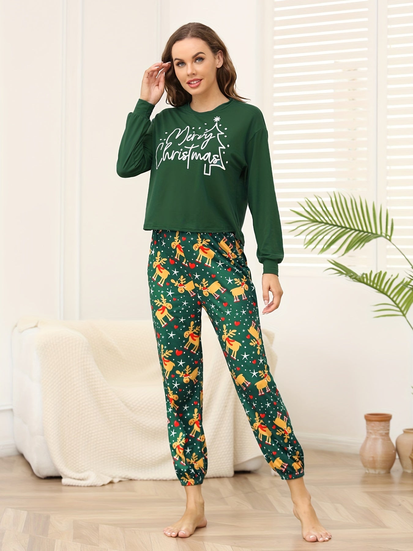 Elk Print Pajama Set Christmas Long Sleeve Crew Neck Top & Pants