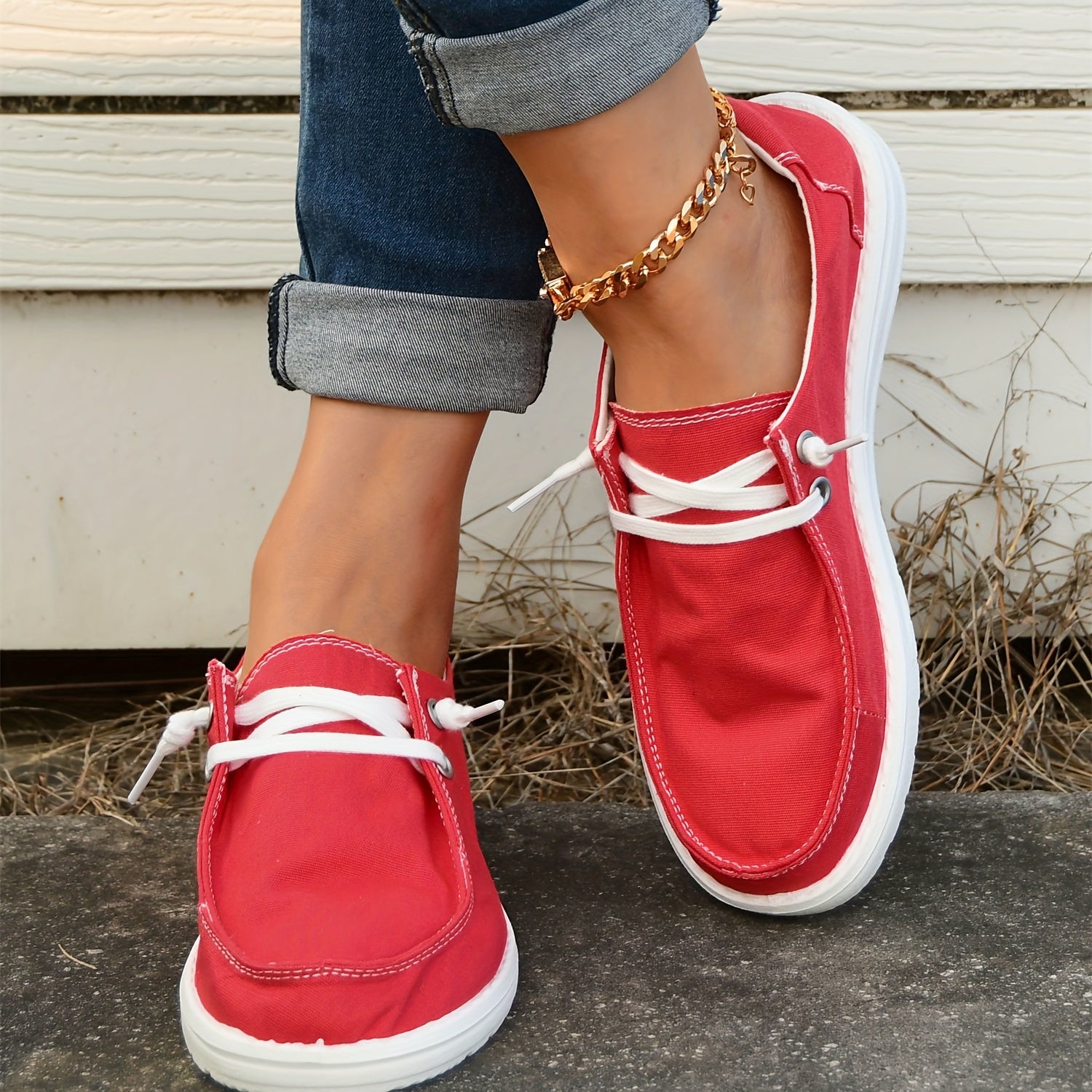 Women's Red Boat Shoes Lace up Comfortable Flat Canvas Shoes