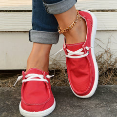 Women's Red Boat Shoes Lace up Comfortable Flat Canvas Shoes