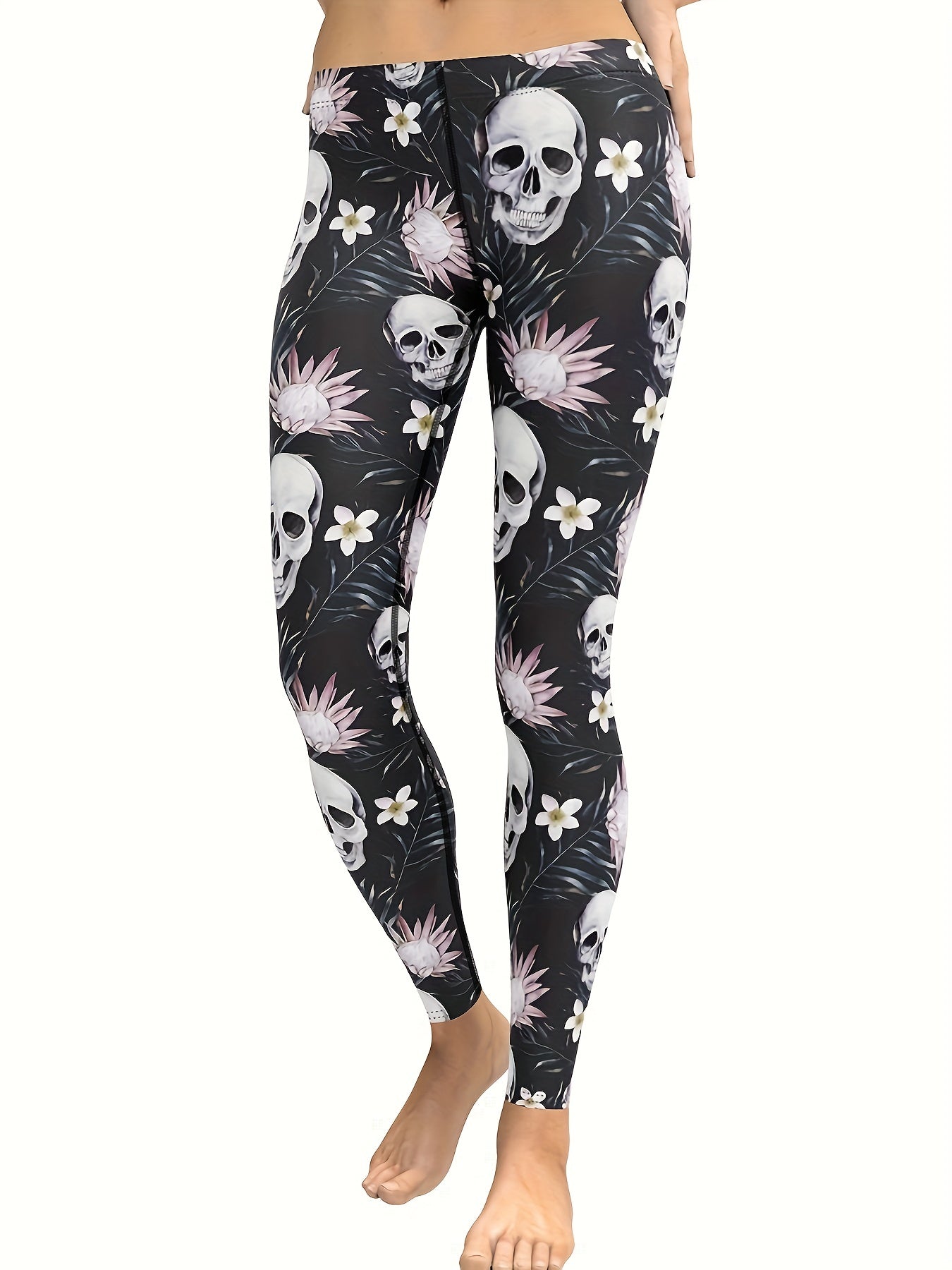 Women's Skull & Flower Leggings for Yoga & Fitness