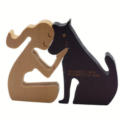 Wooden Carving Dog Sitting Woman&Dog Decoration, Dog Memorial for Office&Home