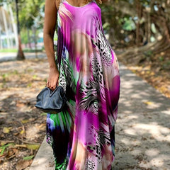 Boho Dress Women's Plus Leopard Print Deep V Neck Maxi Dress