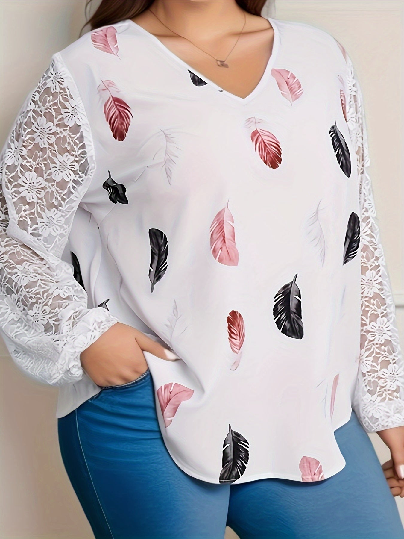 Casual Blouse Women's Plus Feather Print Lace Sleeve V Neck Top