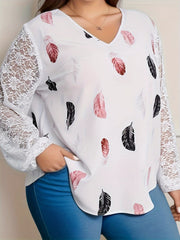 Casual Blouse Women's Plus Feather Print Lace Sleeve V Neck Top
