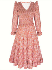 Women's Plus Floral Print Ruffle Trim V Neck Maxi Dress