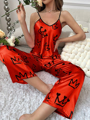 Crown Print Pajama Set V Neck Cami Top & Elastic Waistband Pants