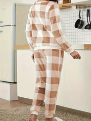 Plaid Fuzzy Lounge Set Long Sleeve Crew Neck Top & Pants