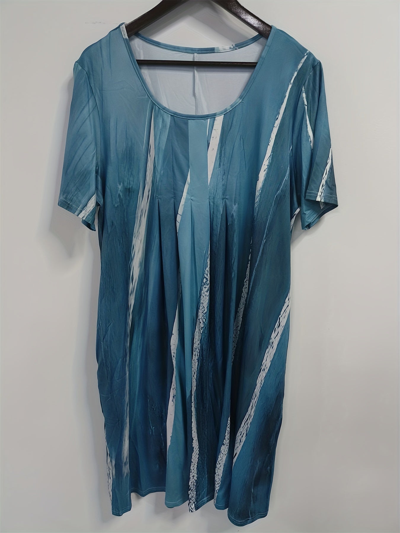 Stripe Print Short Sleeve Round Neck Pleated Dress