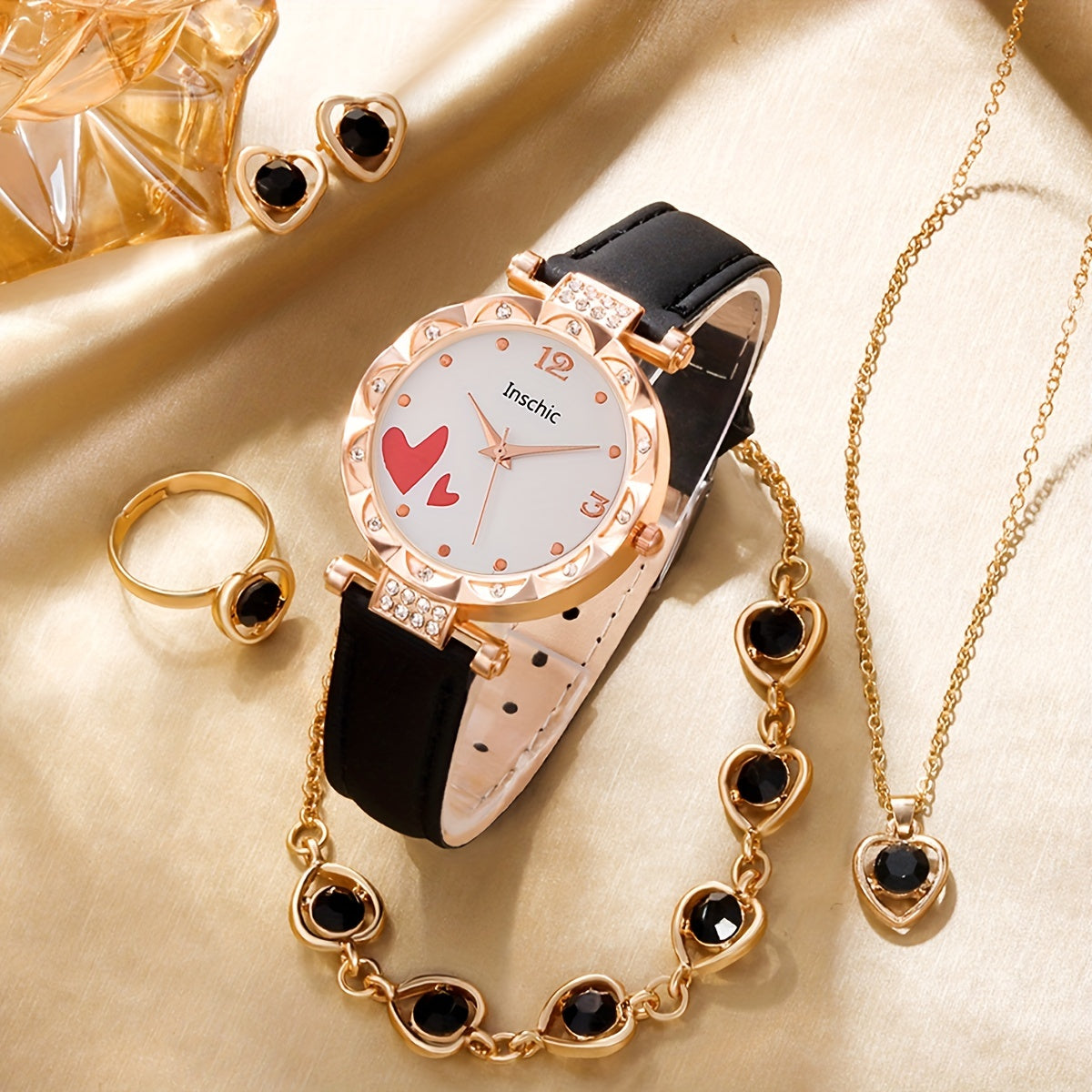 Rhinestone Quartz Watch & Love Jewelry Set for Kids