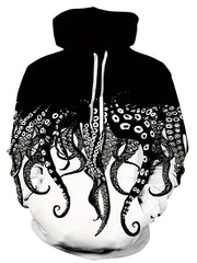 Octopus Print Hoodie Men's Graphic Block Hooded Sweatshirt