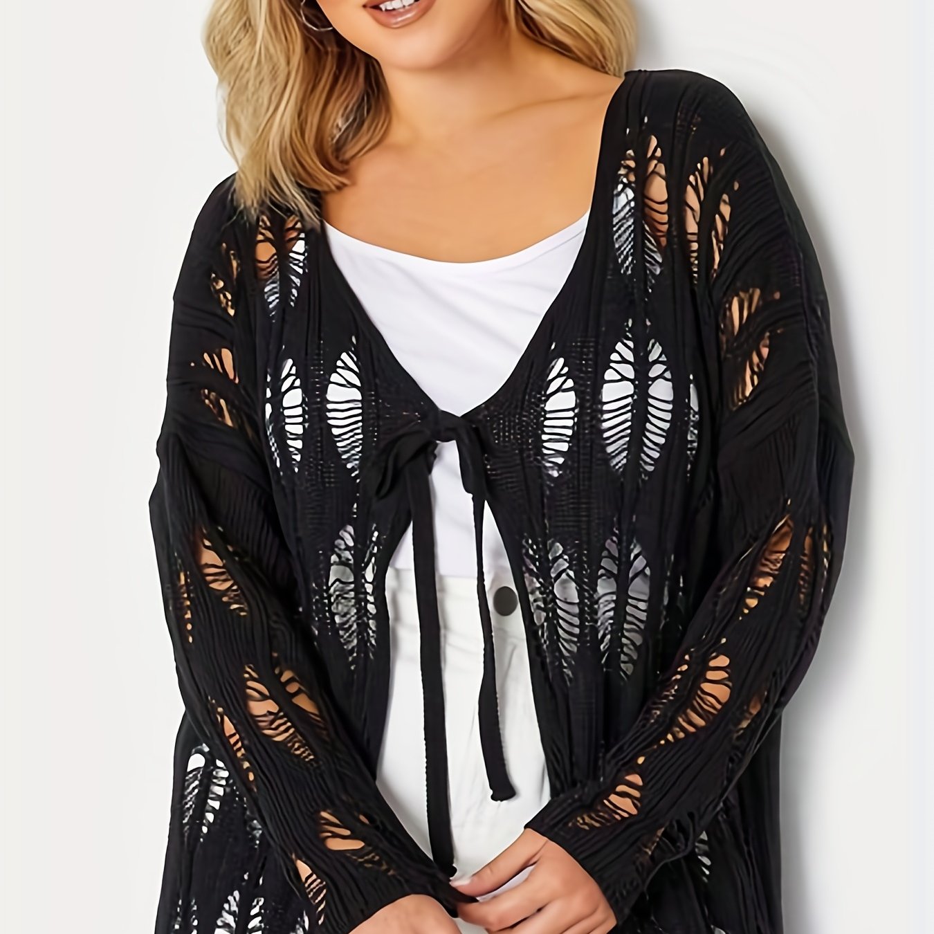 Sexy Cardigan Women's Plus Hollow Out Knit Long Cardigan