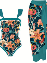 Boho Tankini Set Women's Plus Floral Print Ruffle Trim Swimsuit