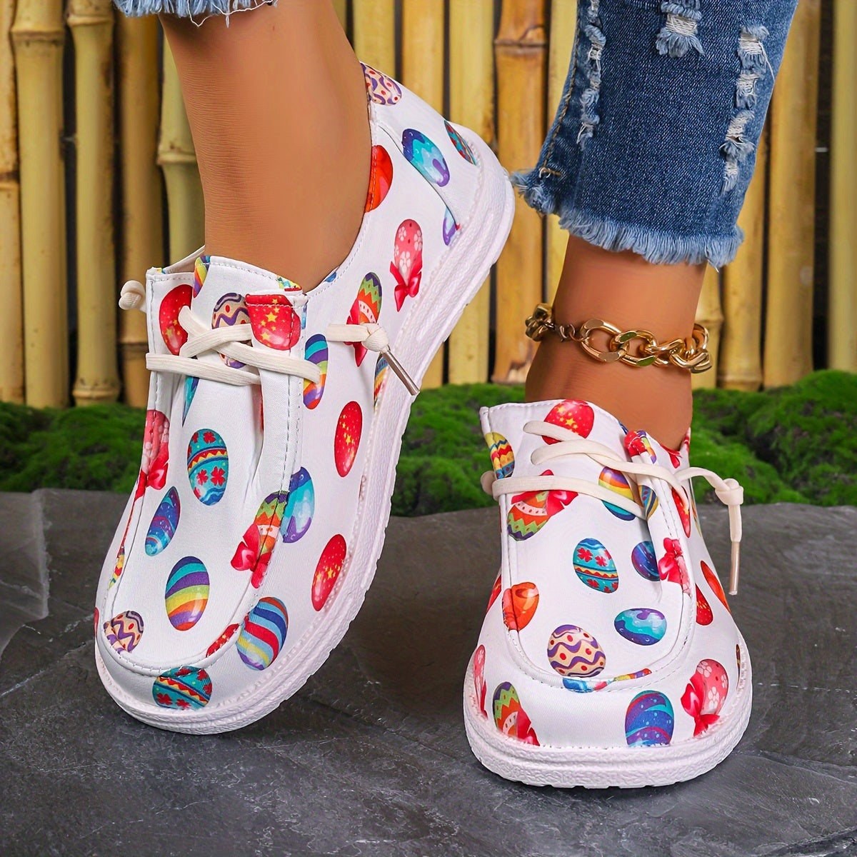 Women's Easter Eggs Print Canvas Slip On Casual Walking Shoes