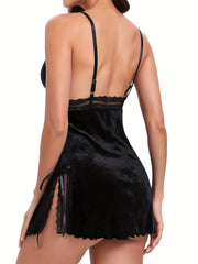 V Neck Lace Trim Slip Lounge Dress Tie Straps Home Loungewear