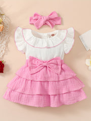 2pcs Baby Girls Bowknot Ruffle Sleeve Dress & Headband Set