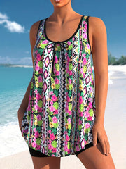 Vacay Tankini Set Floral & Geo Print Round Neck Tank Top & Shorts Swim