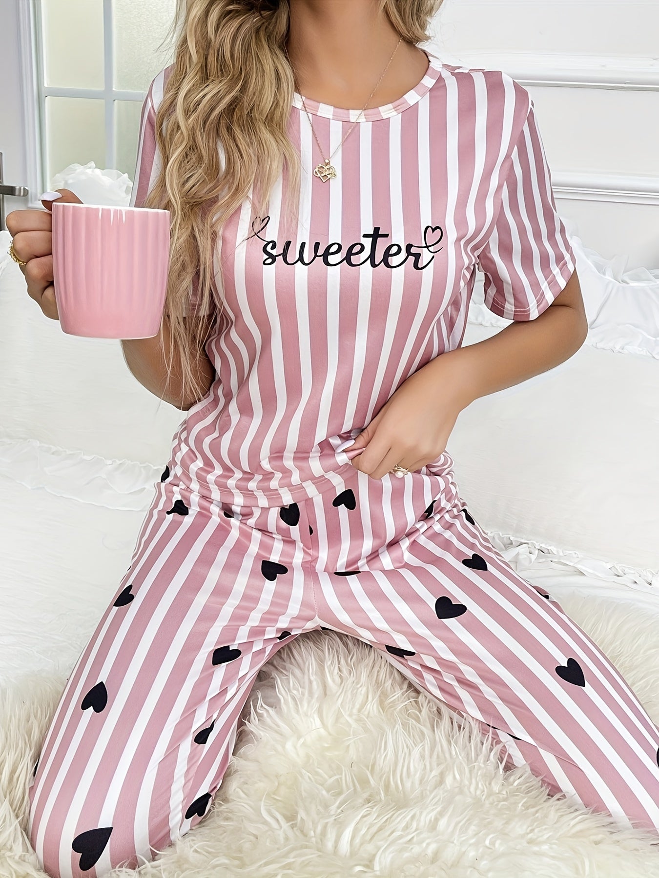 Heart Print Pajama Set Short Sleeve Top & Elastic Waistband Pants