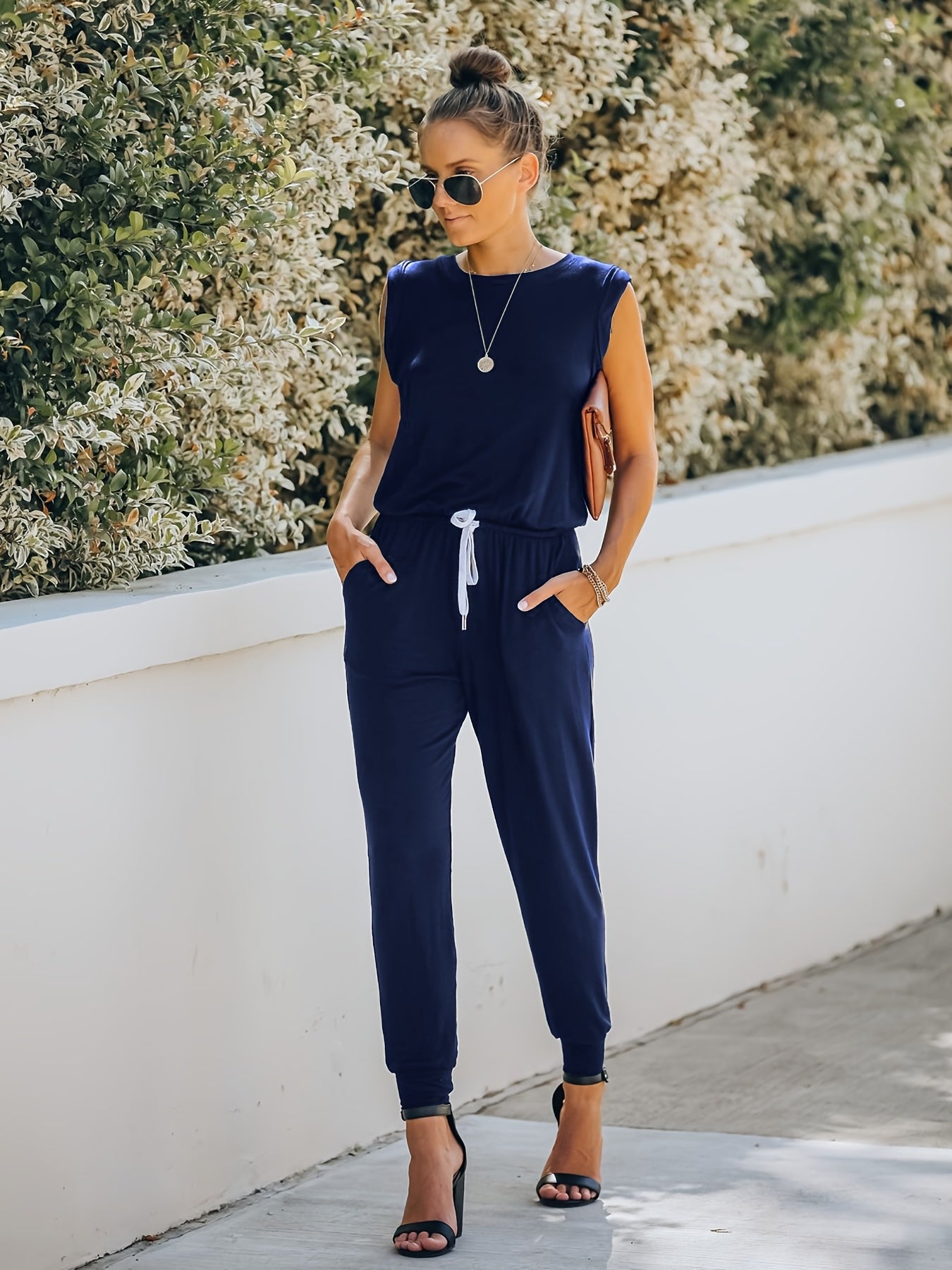 Solid Drawstring Jumpsuit Crew Neck Elastic Waist Women's Clothing
