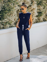 Solid Drawstring Jumpsuit Crew Neck Elastic Waist Women's Clothing