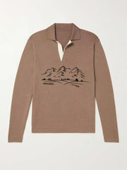 Mountain Pattern Knit Polo Shirt Men's Casual Lapel Stretch Pullover Sweater