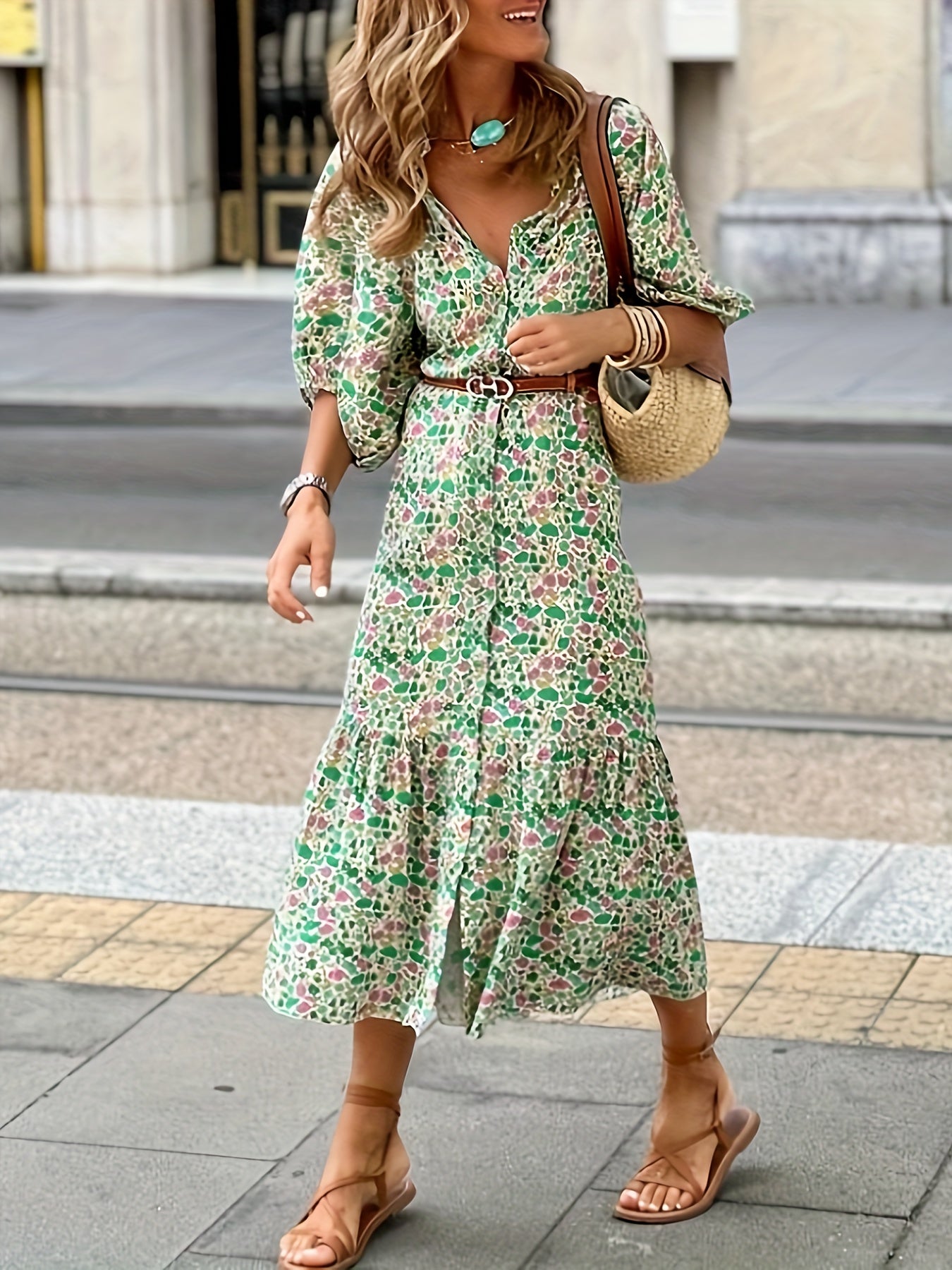 Women's Plus Ditsy Print Bubble Sleeve V Neck Button Up Smock Dress