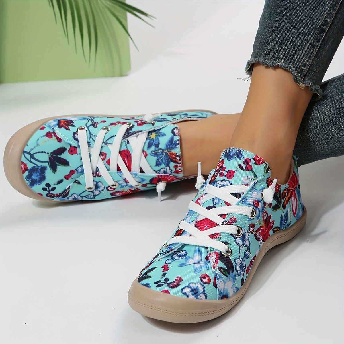 Floral Print Canvas Lace Up Flat Sneakers for Women