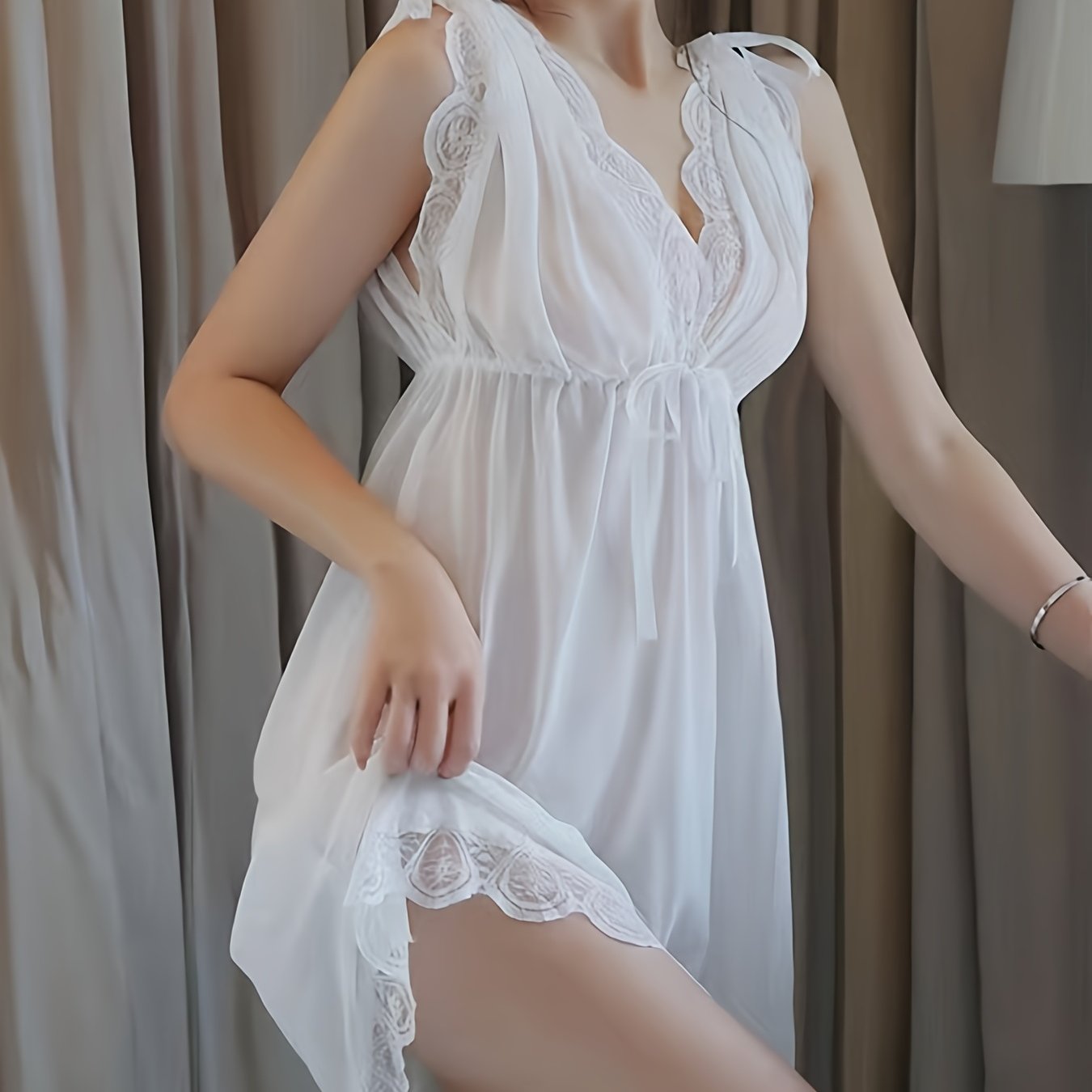 Guaze Tie Pajama Dress Lace Trim Sleeveless Nightdress With Panty