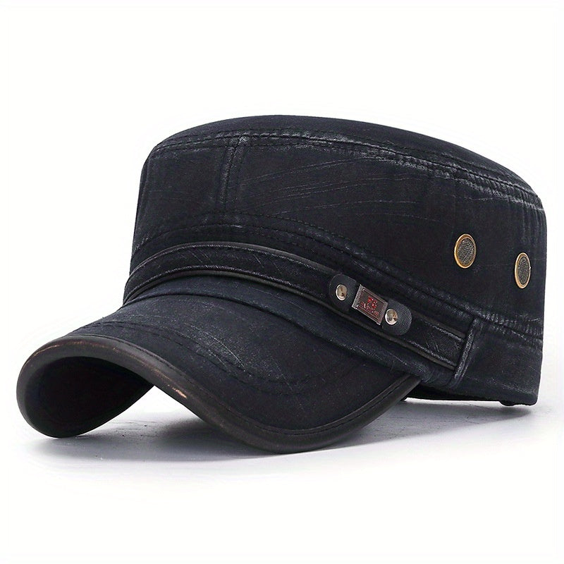Slub Cotton Flat Cap With Leather Trim Military Baseball Cap