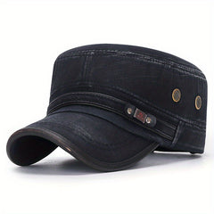 Slub Cotton Flat Cap With Leather Trim Military Baseball Cap