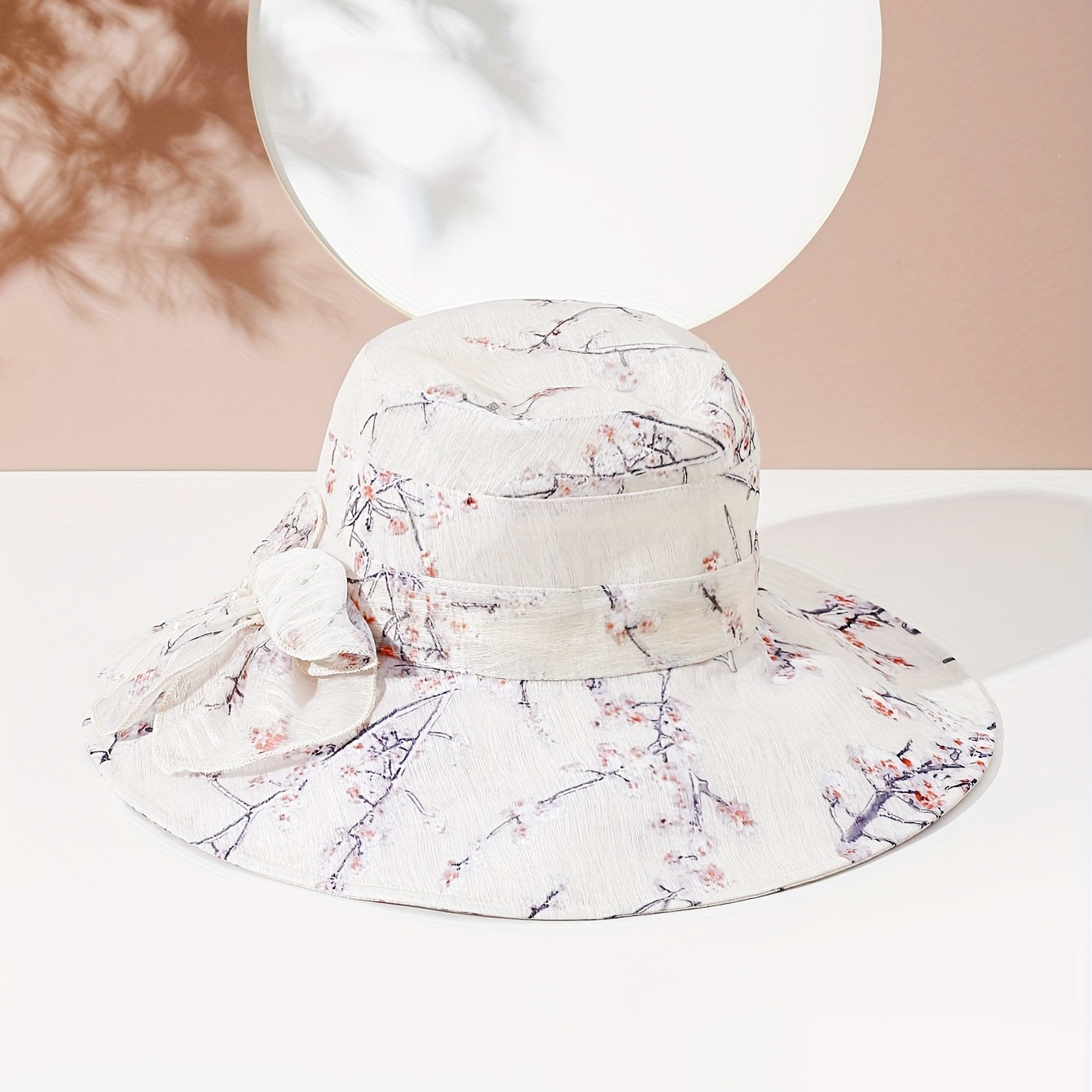 Plum Blossom Print Sun Hat Bow Decor Bucket Hat Wide Brim Travel Beach