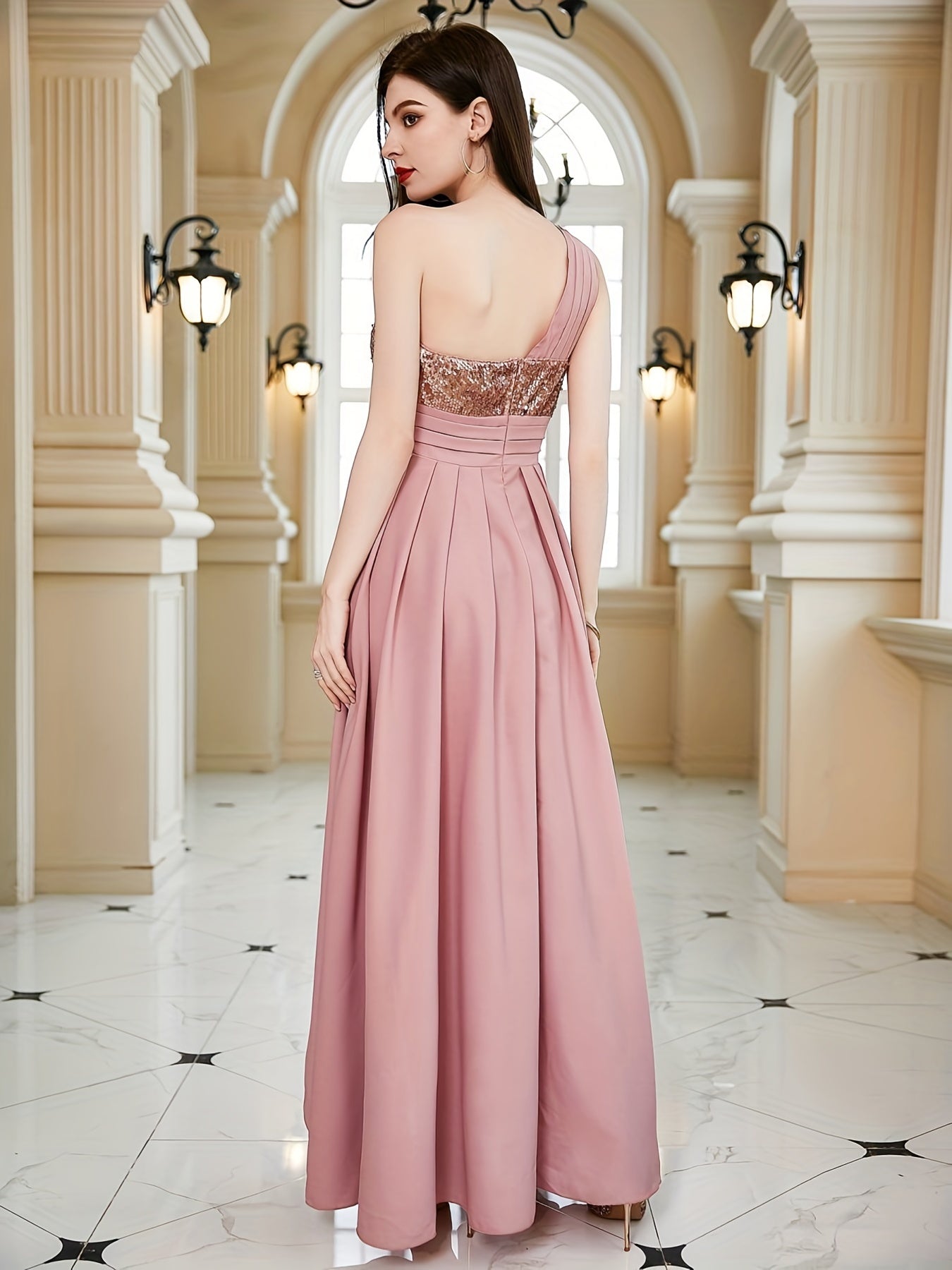 Sequined One Shoulder Aline Dress Split Dress For Party & Banquet
