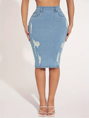 Women's Plus Solid Zipper Ripped High Rise Slim Fit Denim Skirt