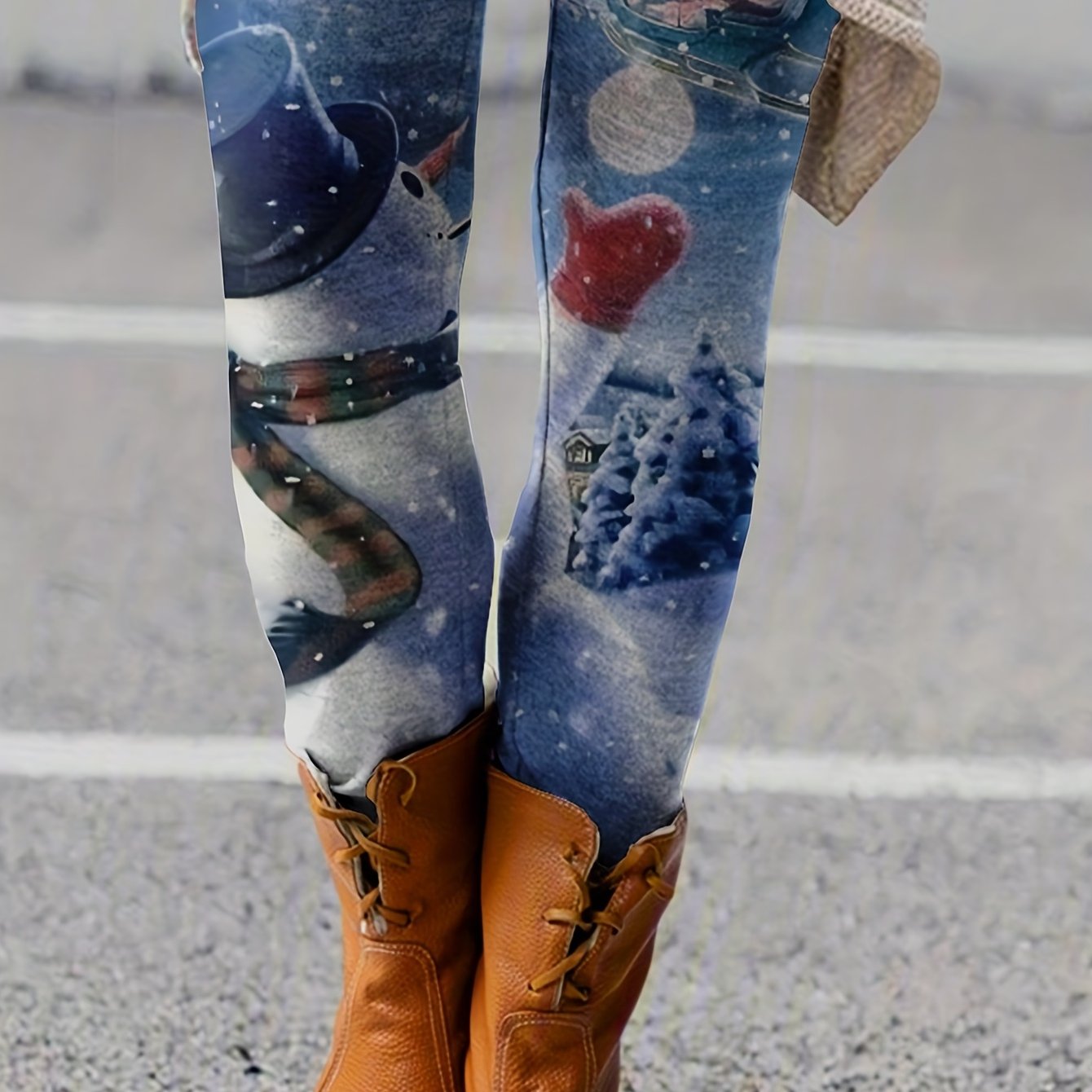 Snowman Print Skinny Leggings High Waist Women's Clothing