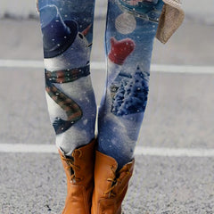 Snowman Print Skinny Leggings High Waist Women's Clothing