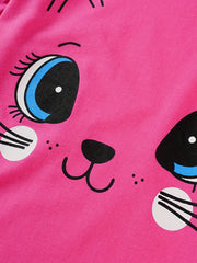 Girls Cat Print Pajama Set Long Sleeve Round Neck Pullover Comfy Homewear