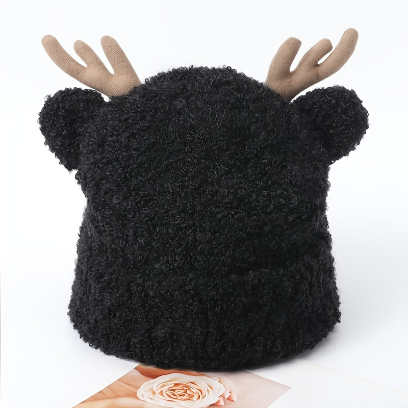 Women's Beanie Antlers Fur Hat Warm Breathable Winter Hat