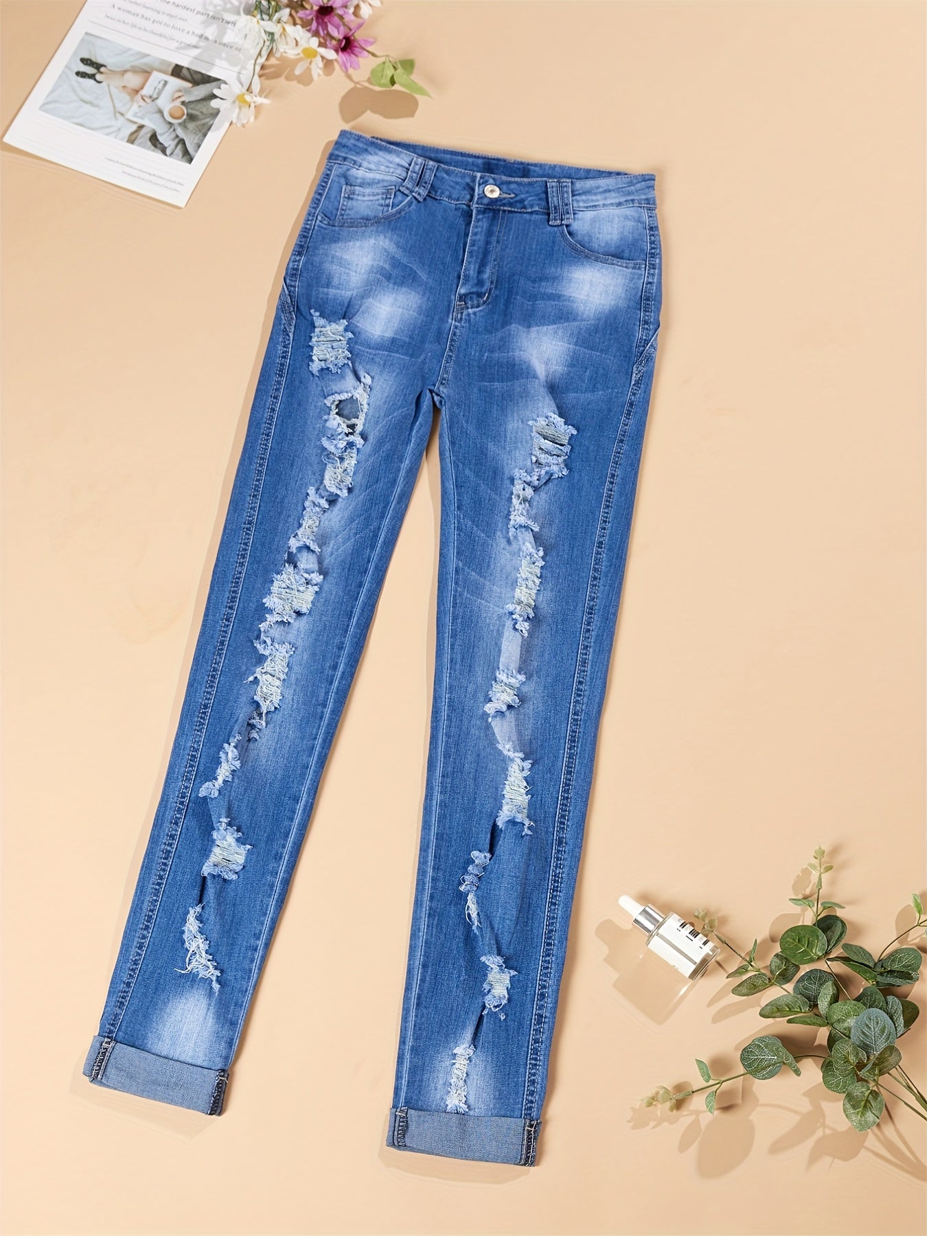Mid Stretch Distressed Denim Pants Women's Denim Jeans & Clothing